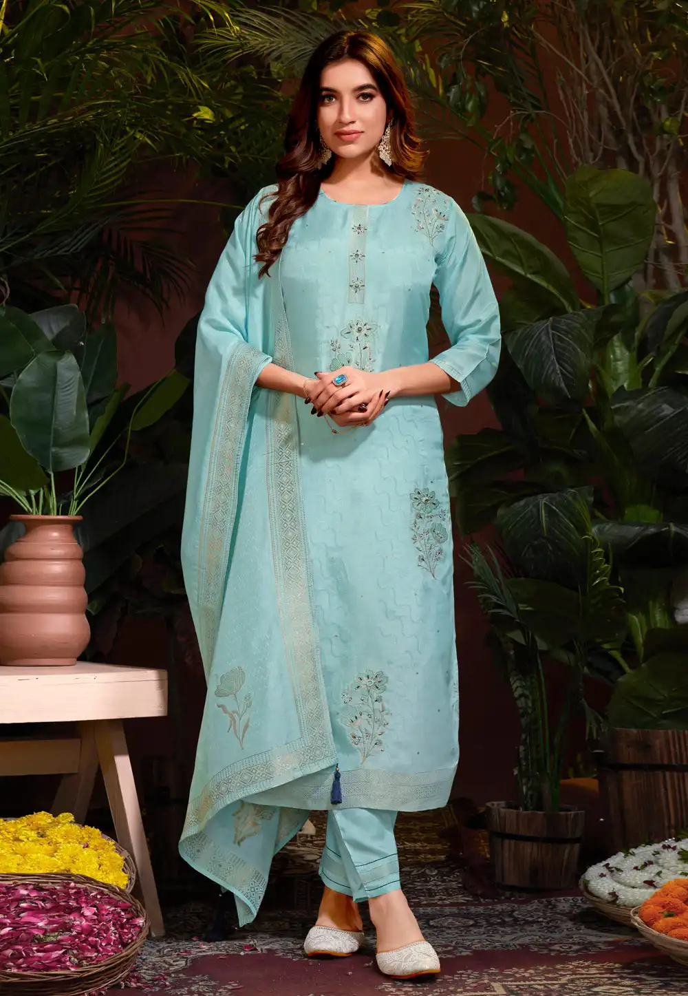 Sky Blue Viscose Readymade Pant Style Suit 288144