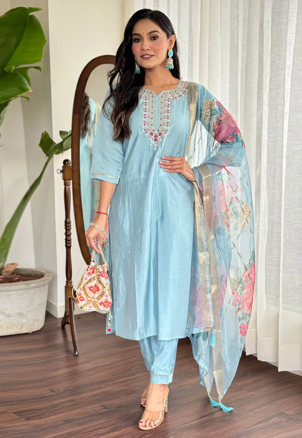 Sky Blue Viscose Readymade Pant Style Suit 295653