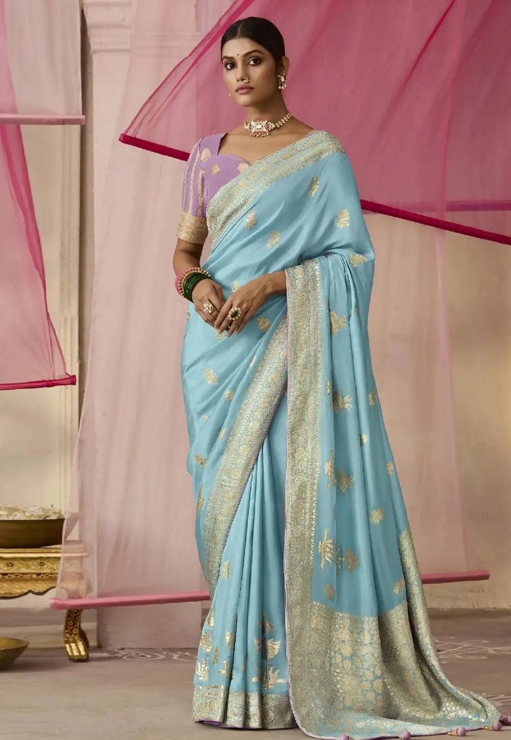 Sky Blue Viscose Saree With Blouse 293262