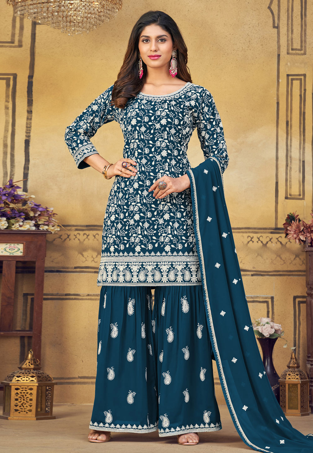Teal Faux Georgette Embroidered Sharara Suit 268616