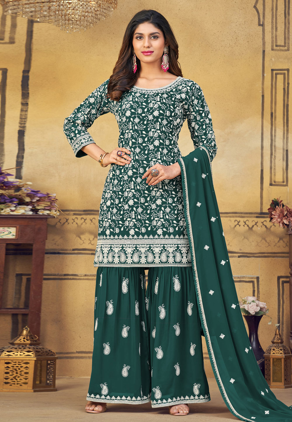 Green Faux Georgette Embroidered Sharara Suit 268618