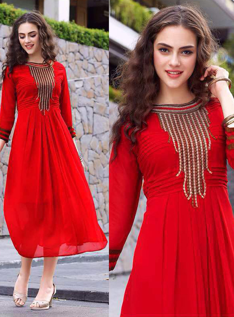 Red Georgette Embroidery Work Readymade Kurti 92012