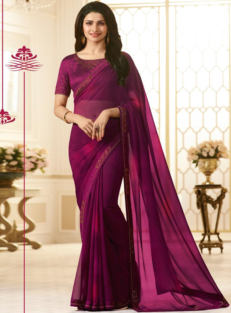 Prachi Desai Purple Georgette Party Wear Saree 120566