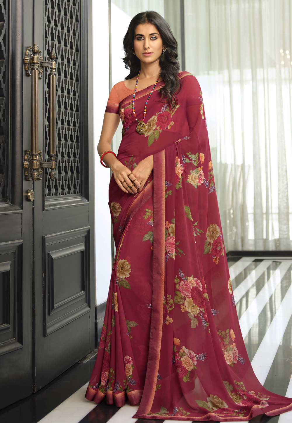Wine Georgette Saree With Blouse 263277