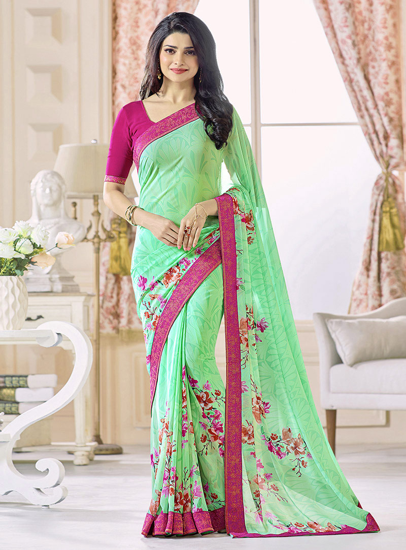 Prachi Desai Sea Green Georgette Printed Saree With Blouse 97580
