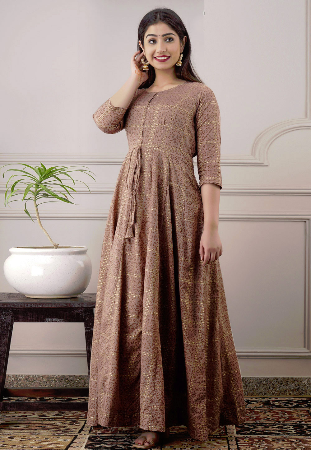Brown Chanderi Readymade Gown 213181