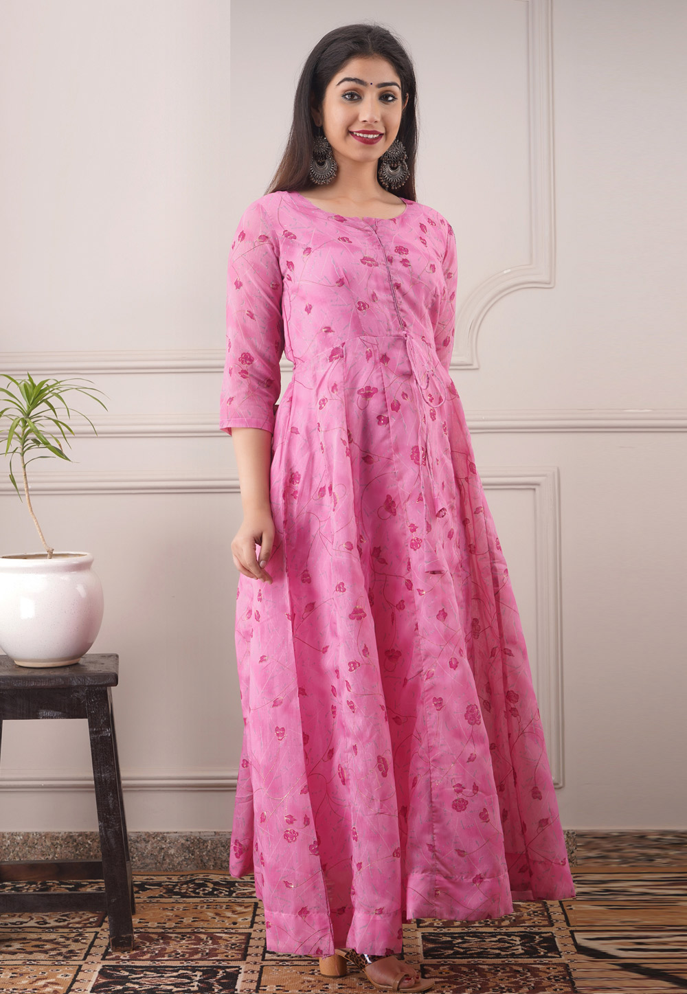 Pink Chanderi Readymade Gown 213182