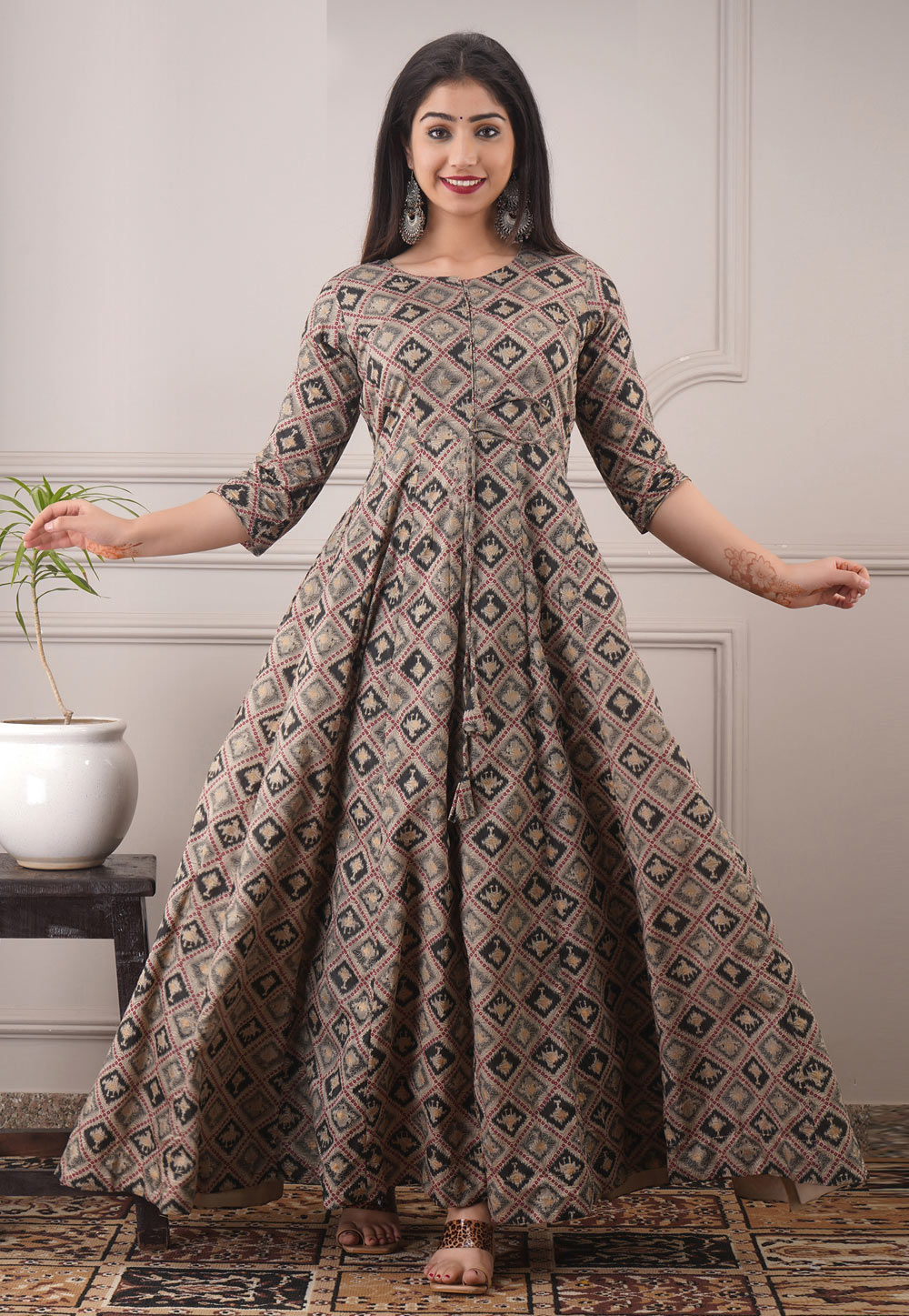 Brown Chanderi Readymade Gown 213183