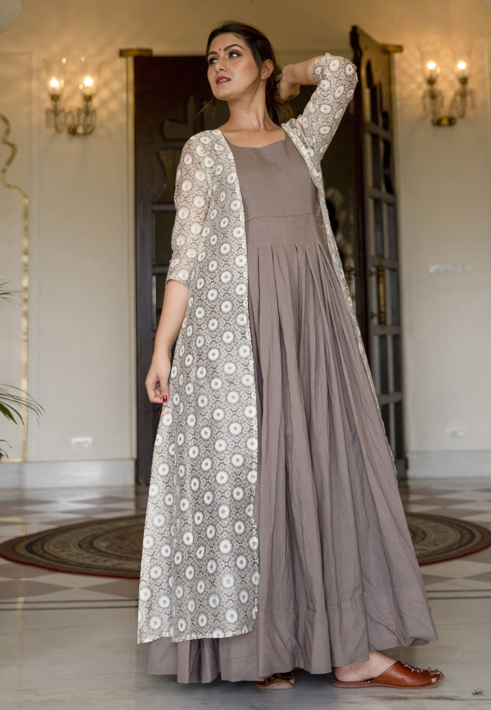 Grey Muslin Gown With Printed Jacket 219338