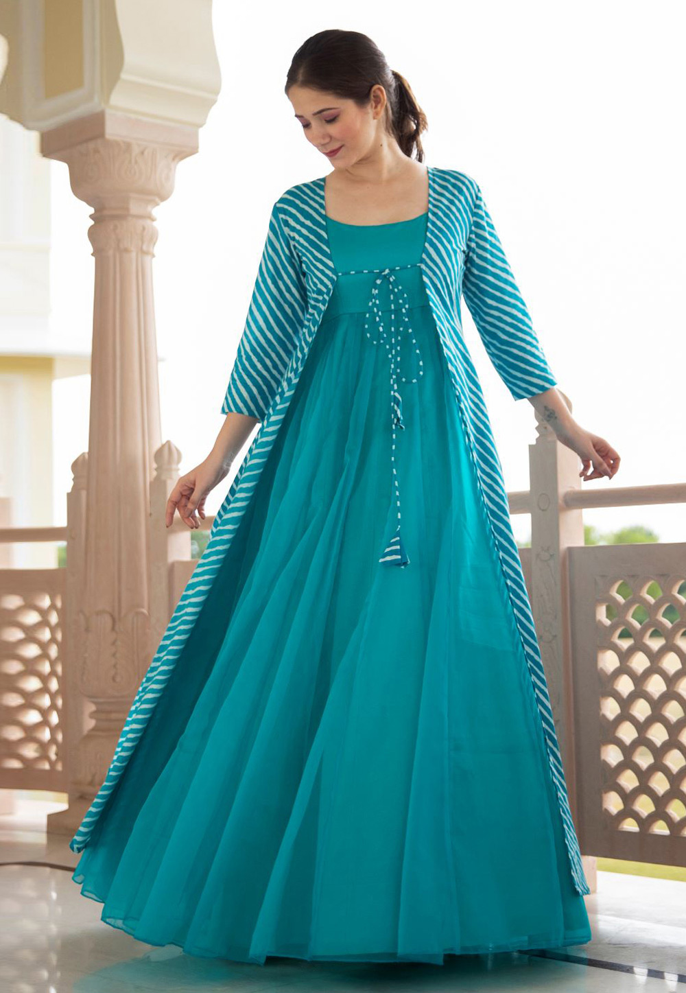 Turquoise Georgette Gown With Jacket 219341