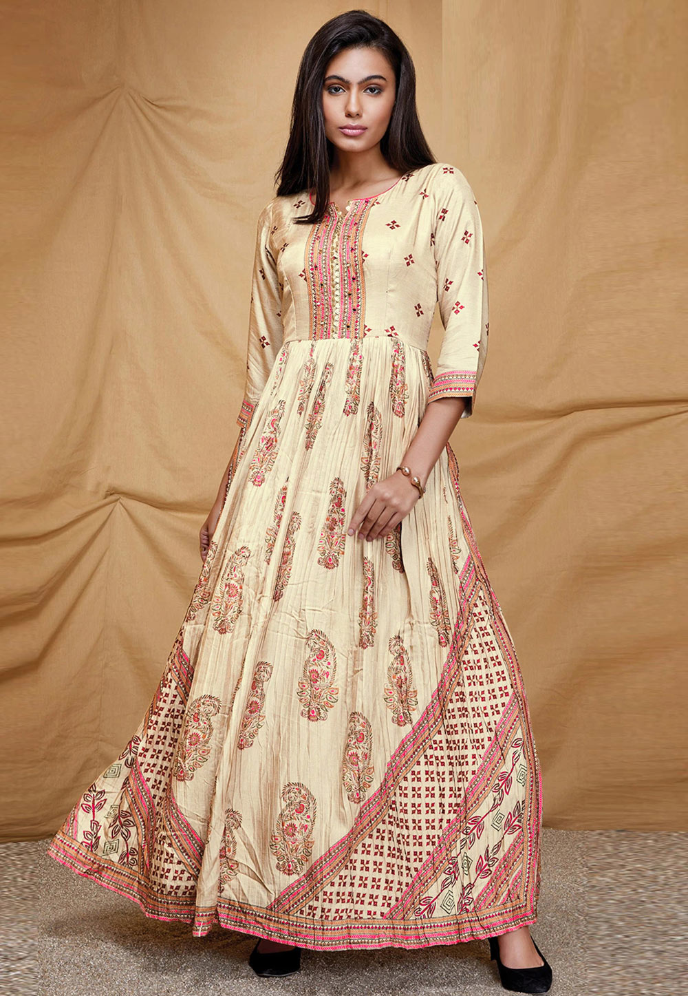 Cream Silk Printed Gown 259604