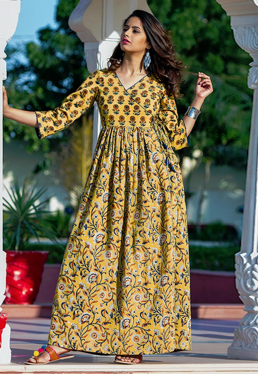 Yellow Muslin Readymade Printed Gown 172880