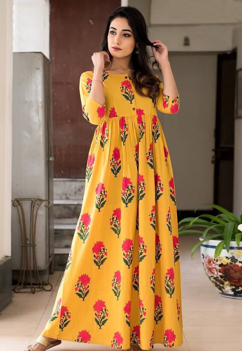 Yellow Muslin Readymade Printed Gown 181142