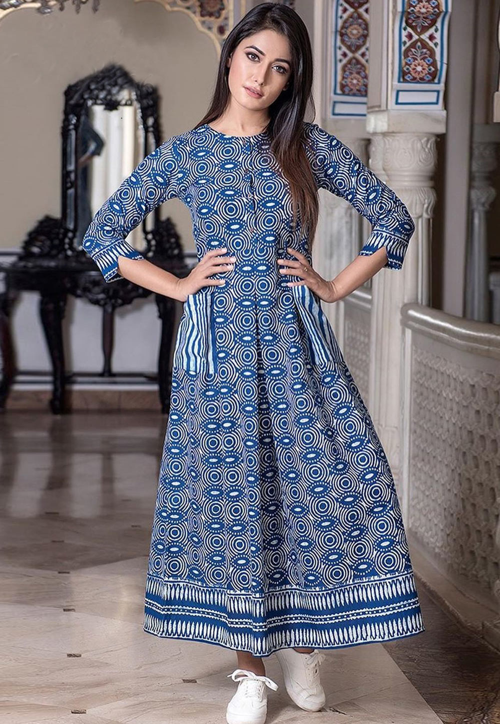 Blue Muslin Readymade Printed Gown 181143