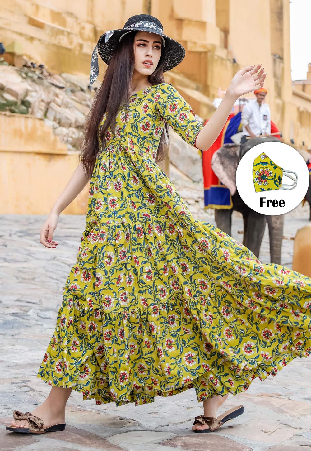 Green Muslin Readymade Printed Gown 201999