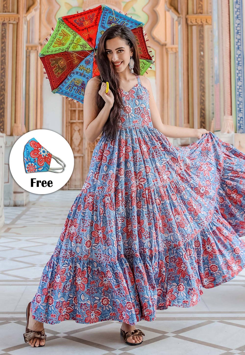 Girl's Festive Maxi Full Length 3/4 Sleeves Anarkali Gown Dress (Sky Blue)