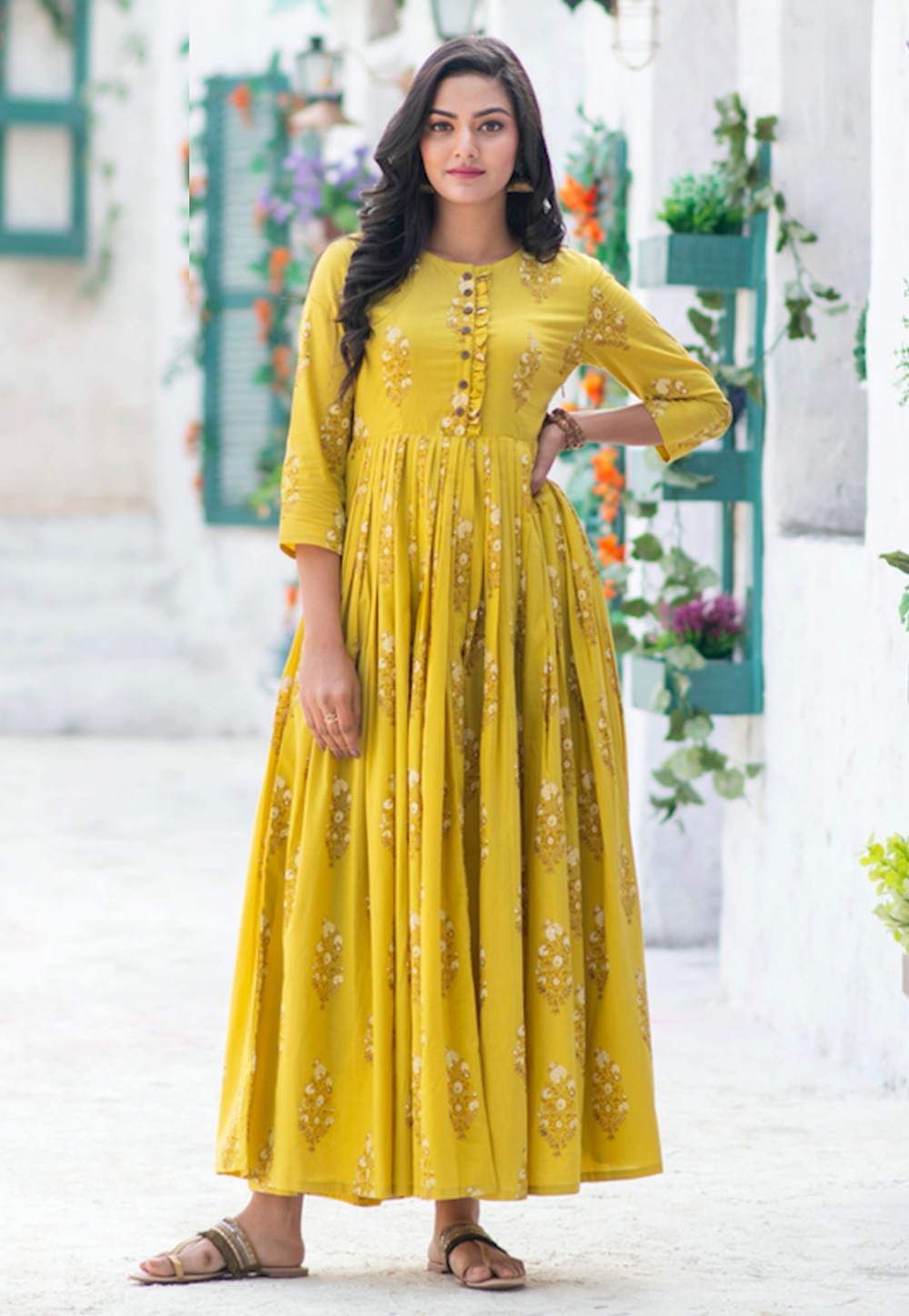 Yellow Muslin Readymade Flared Gown 209183