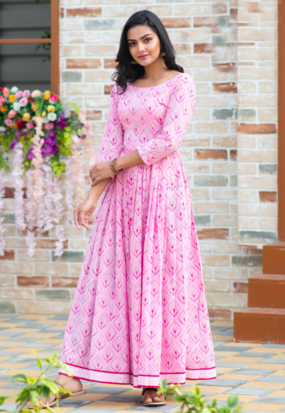 Light Pink Muslin Readymade Printed Gown 209185