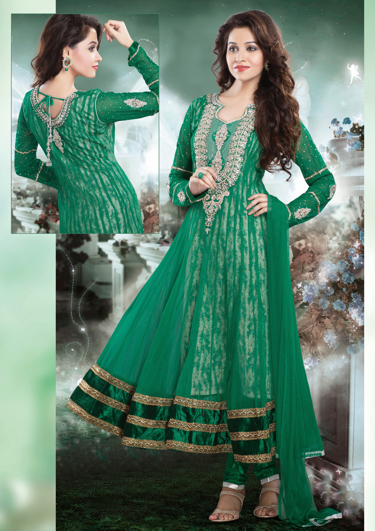Green Net Kalidar Anarkali Suit 39931