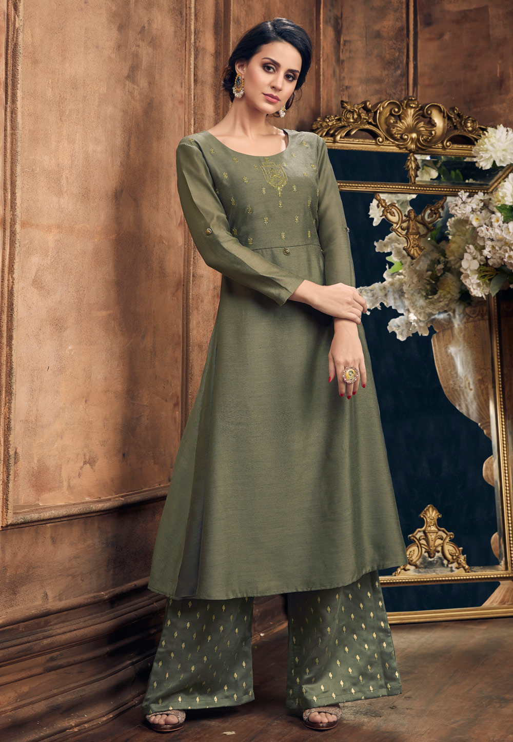Olive Green Silk Readymade Kameez With Palazzo 185704