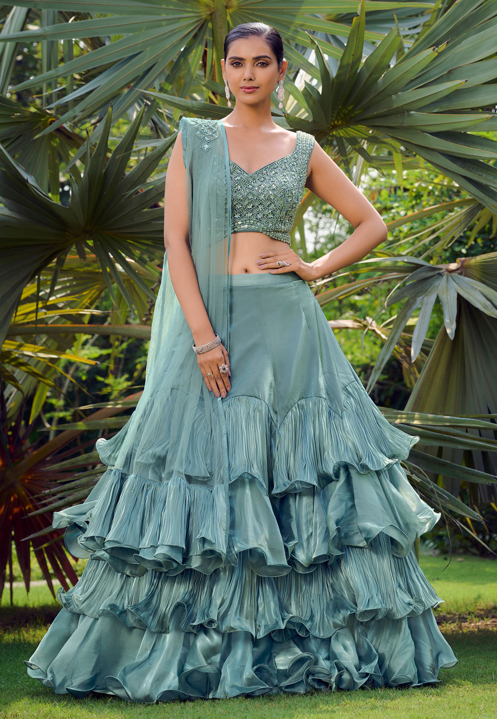 Sea Green Silk Frilled Lehenga Choli 276304