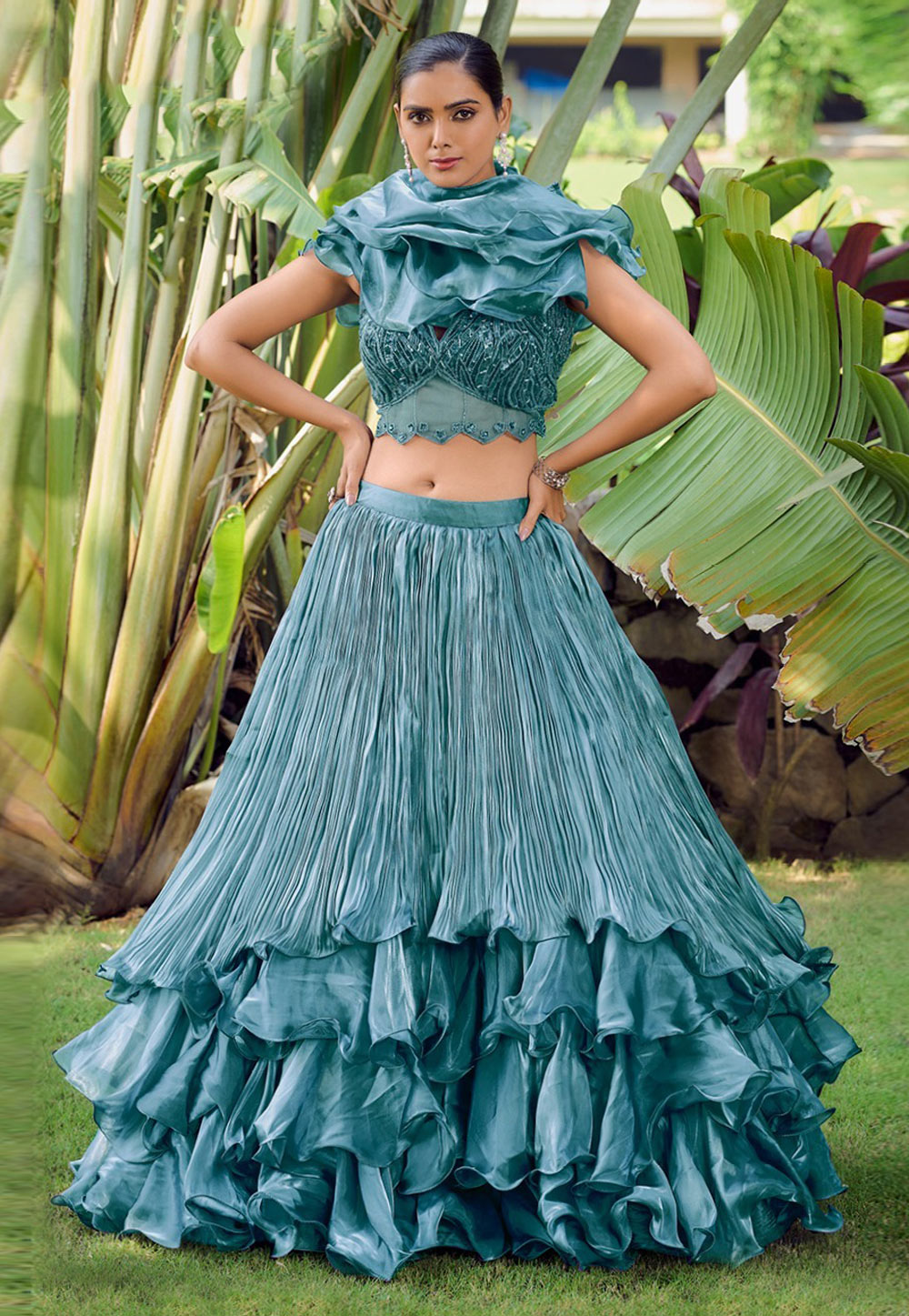 Sea Green Silk Frilled Lehenga Choli 276666