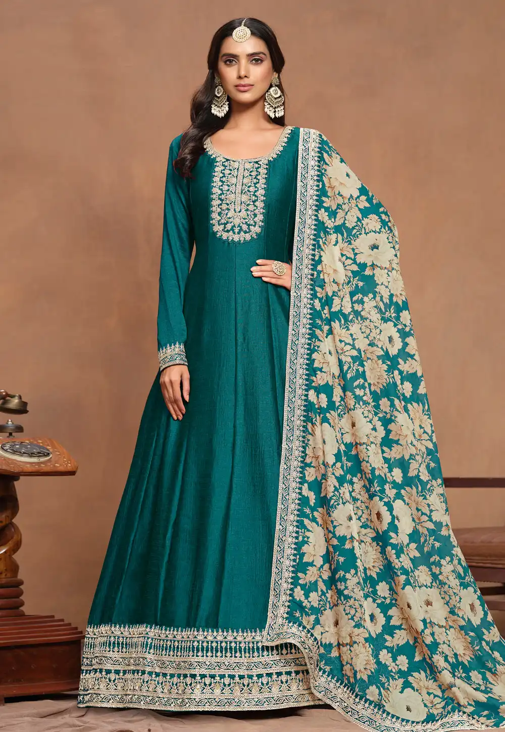 Teal Art Silk Anarkali Suit 293552