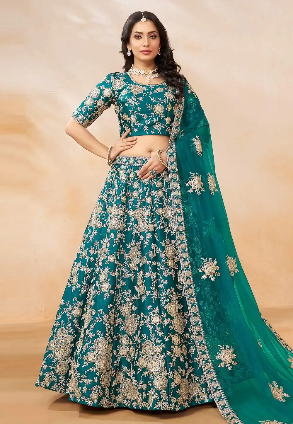 Teal Art Silk Circular Lehenga Choli 294499