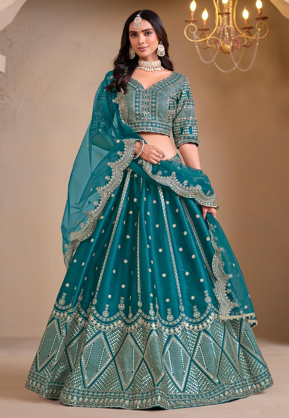 Teal Art Silk Circular Lehenga Choli 305734