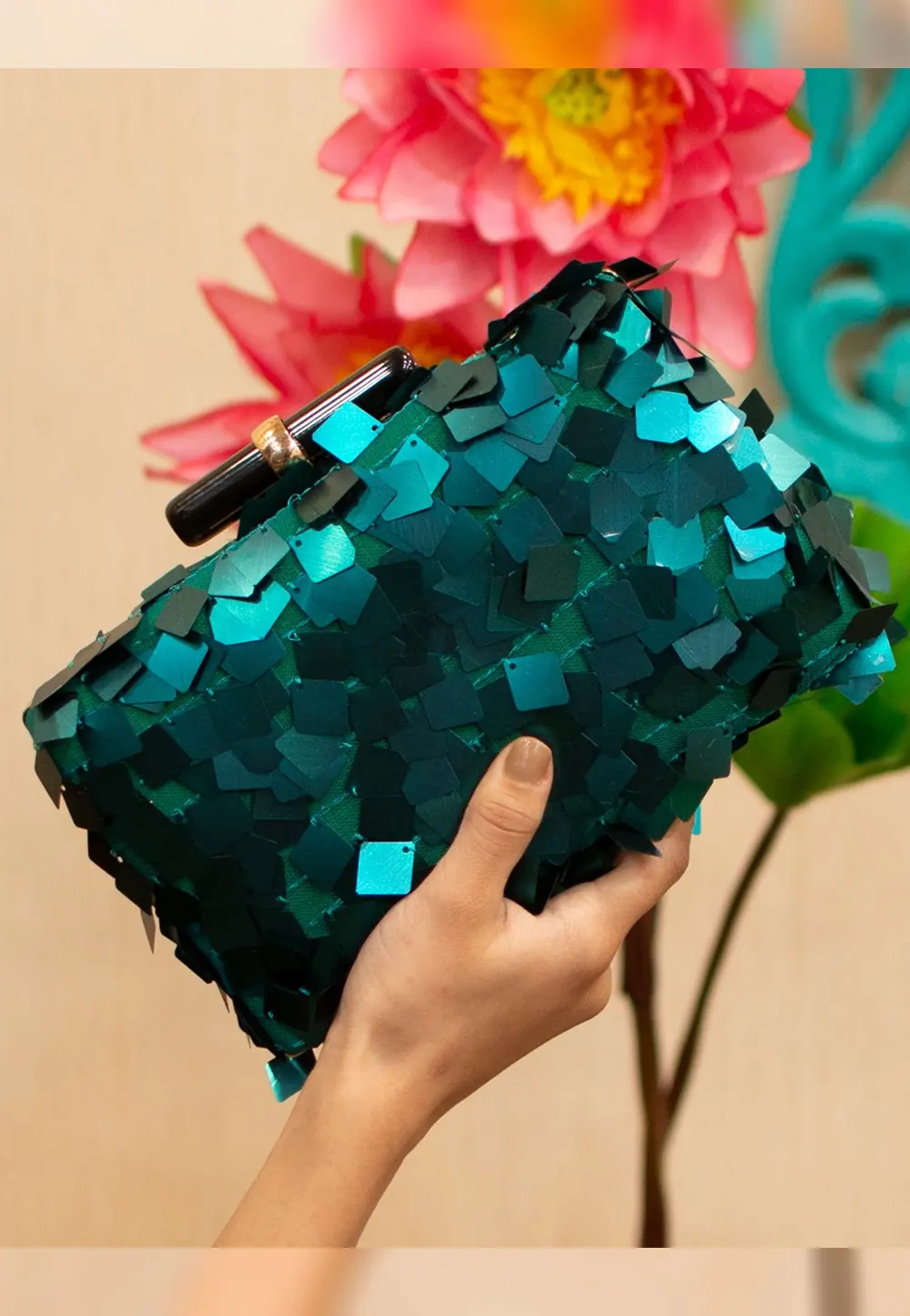 Teal Art Silk Clutch 300996