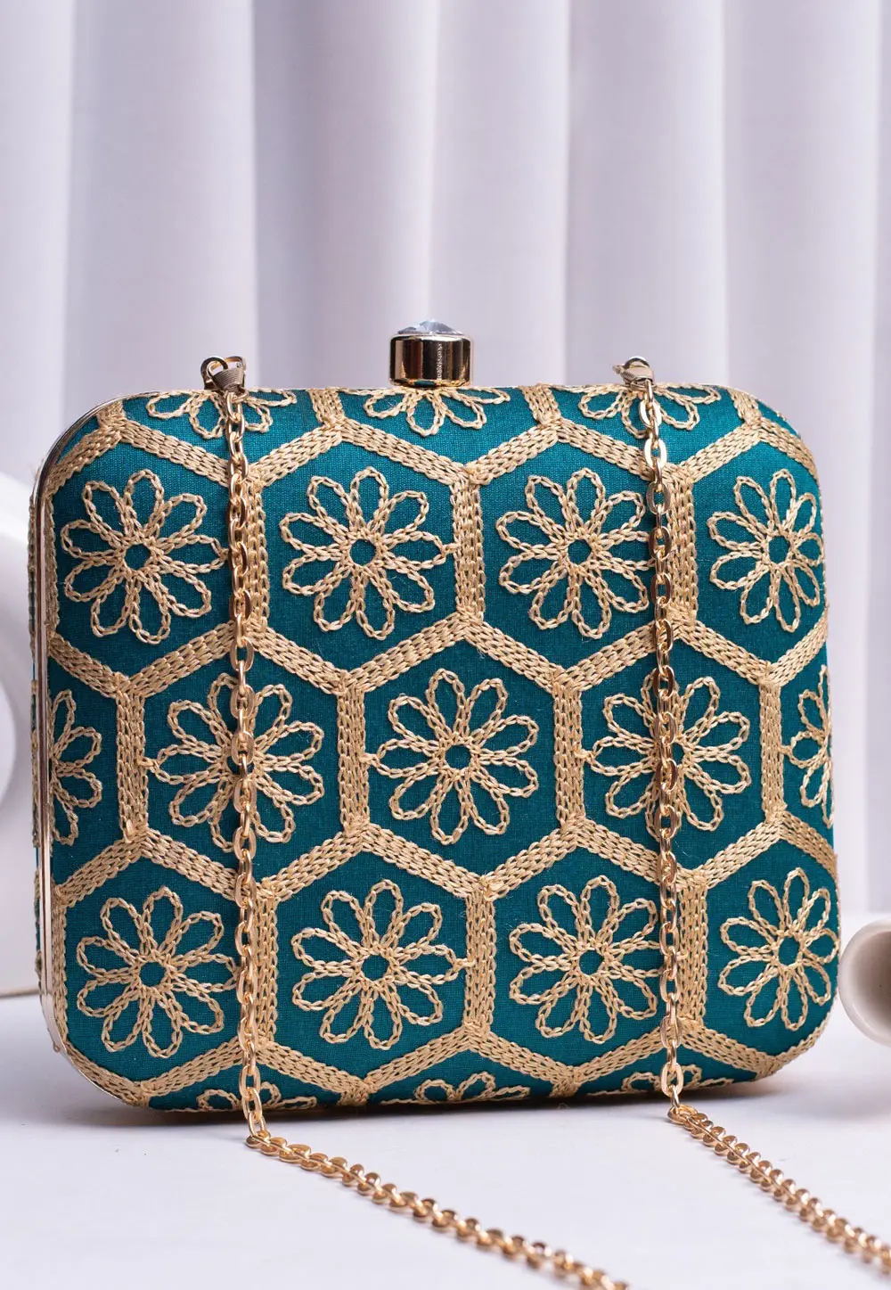 Teal Art Silk Clutch 303761