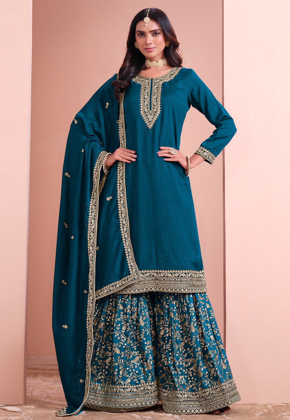 Teal Art Silk Gharara Suit 306305