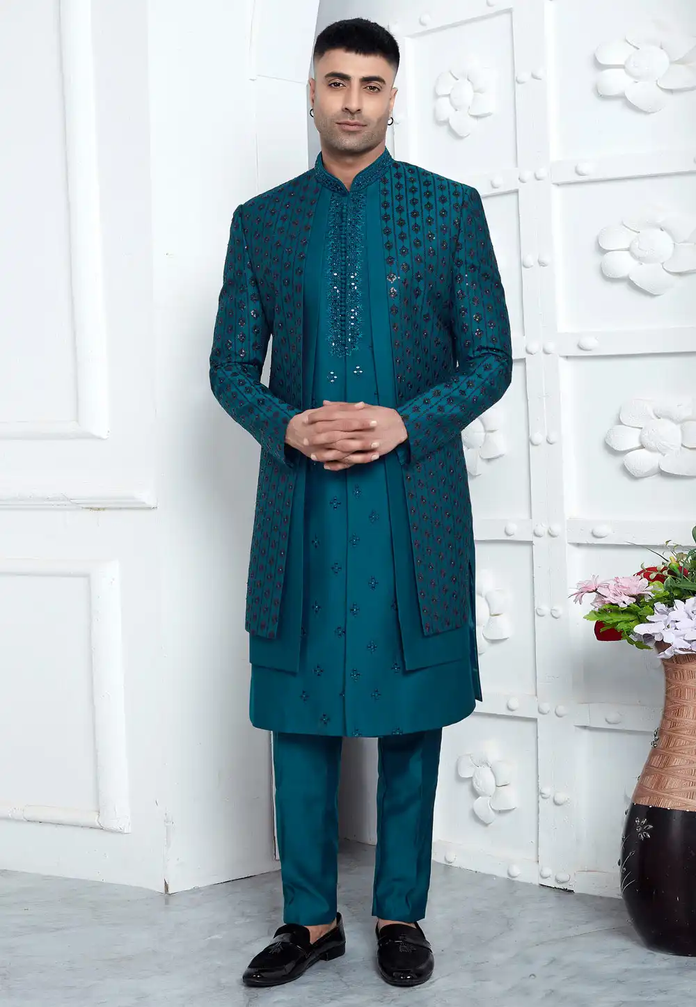 Teal Art Silk Indo Western Suit 291285