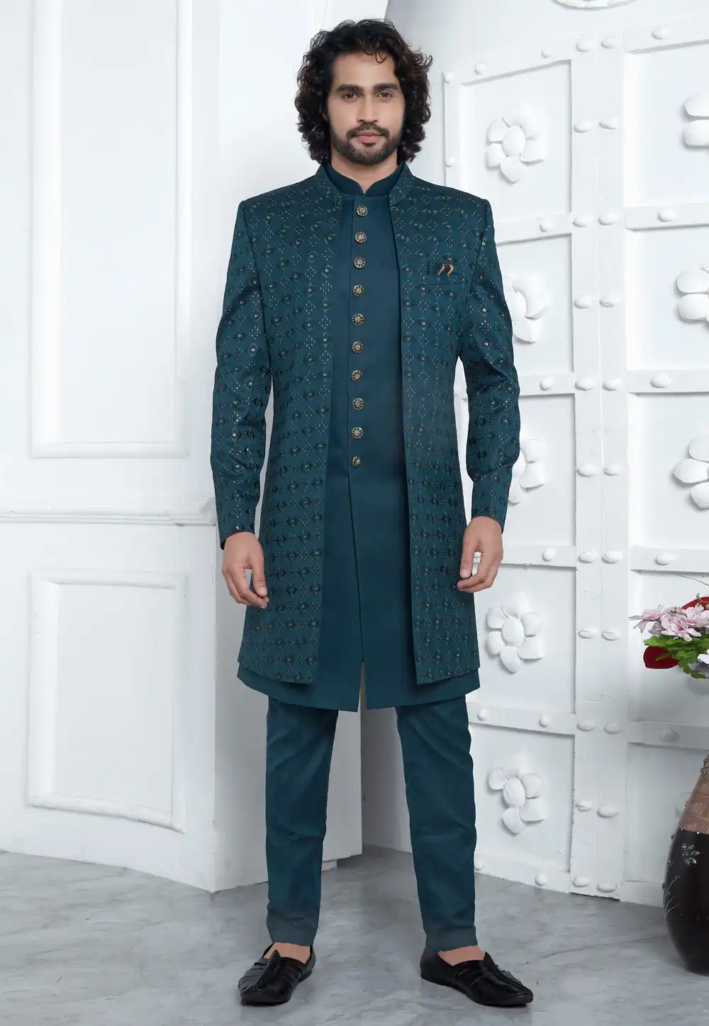 Teal Art Silk Indo Western Suit 291290