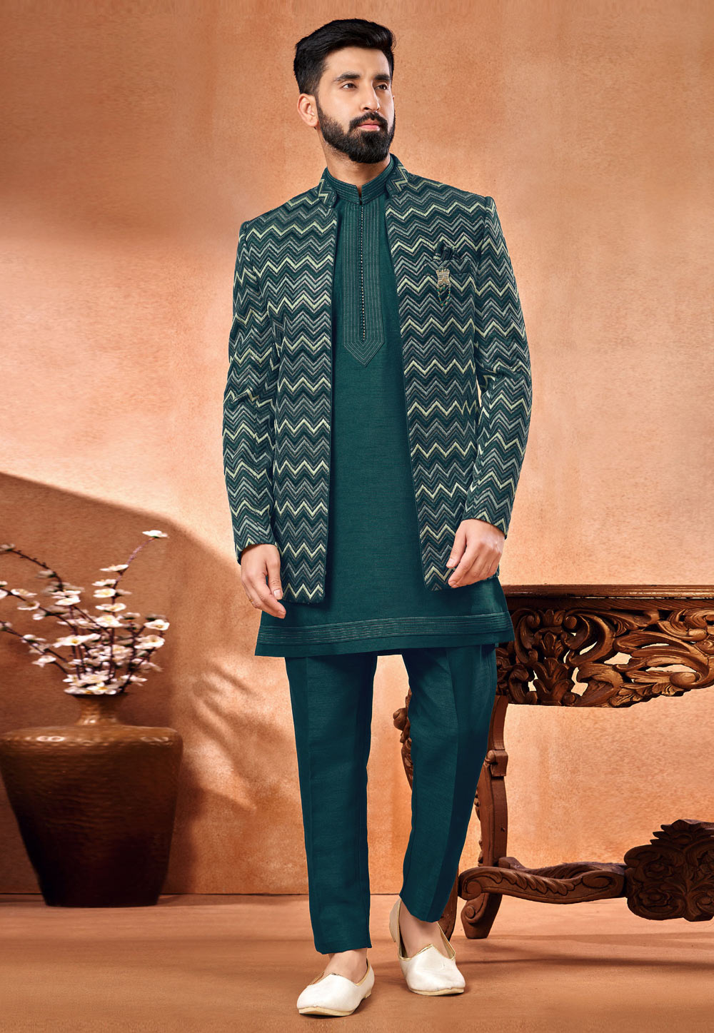 Teal Art Silk Indo Western Suit 280261
