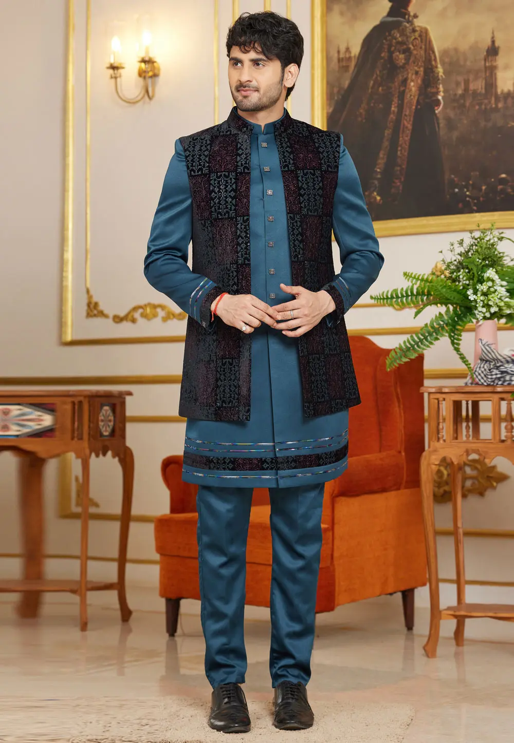 Teal Art Silk Jacket Style Sherwani 302211