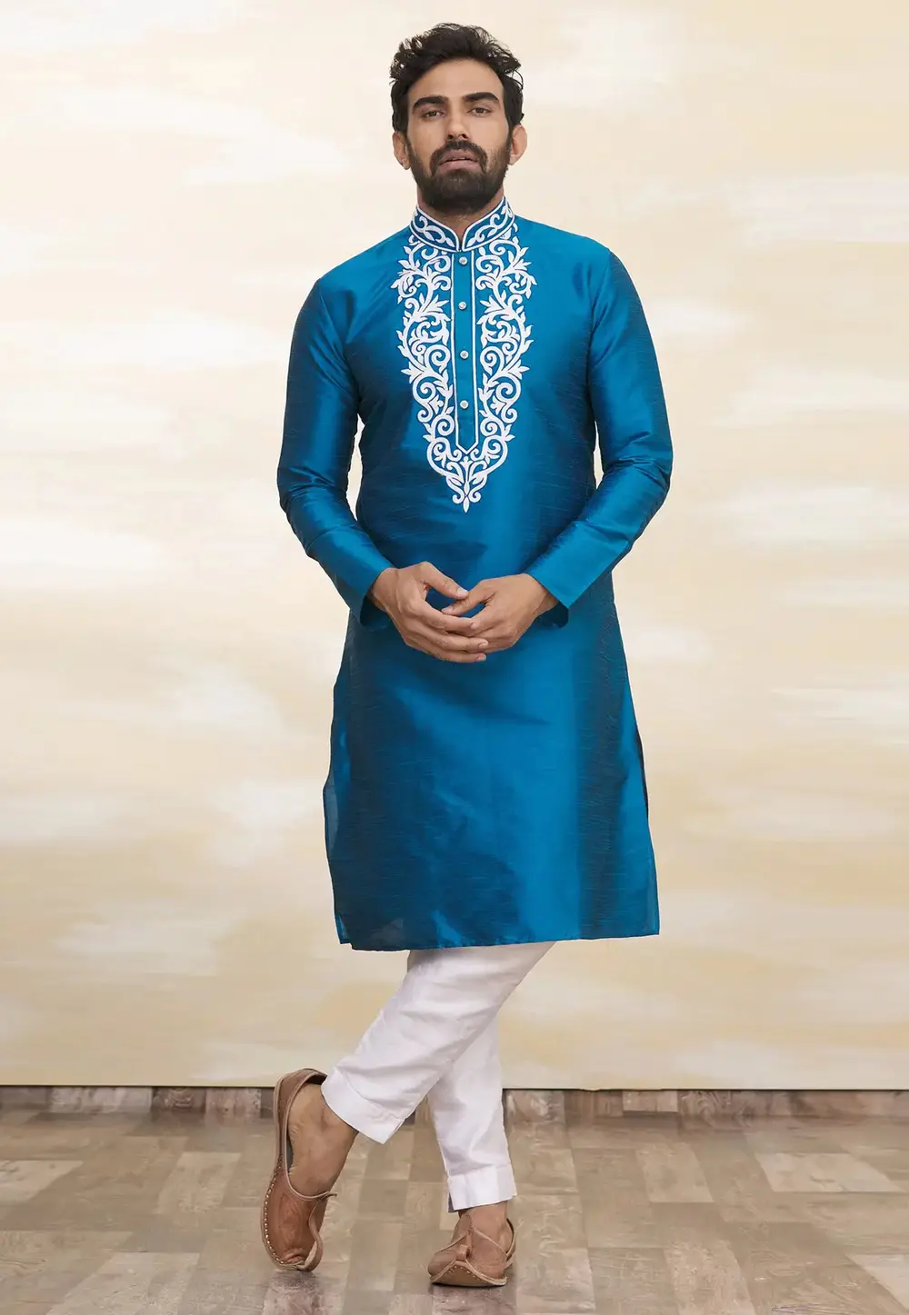 Teal Art Silk Kurta Pajama 300679