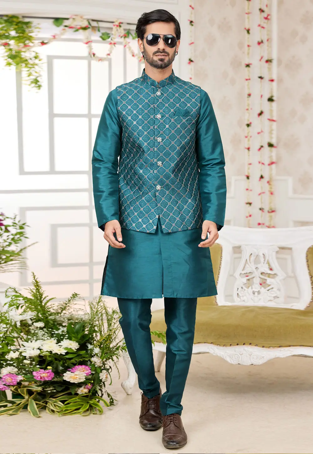 Teal Art Silk Kurta Pajama With Jacket 295261