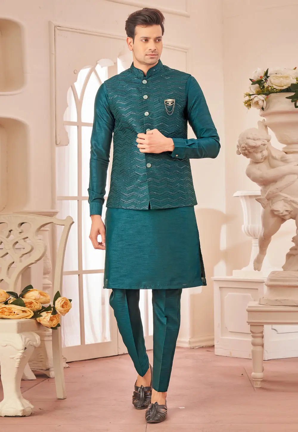 Teal Art Silk Kurta Pajama With Jacket 296667