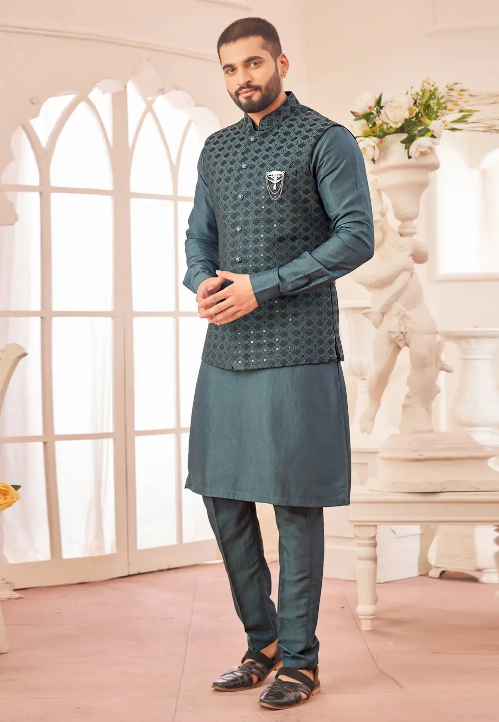 Teal Art Silk Kurta Pajama With Jacket 296679