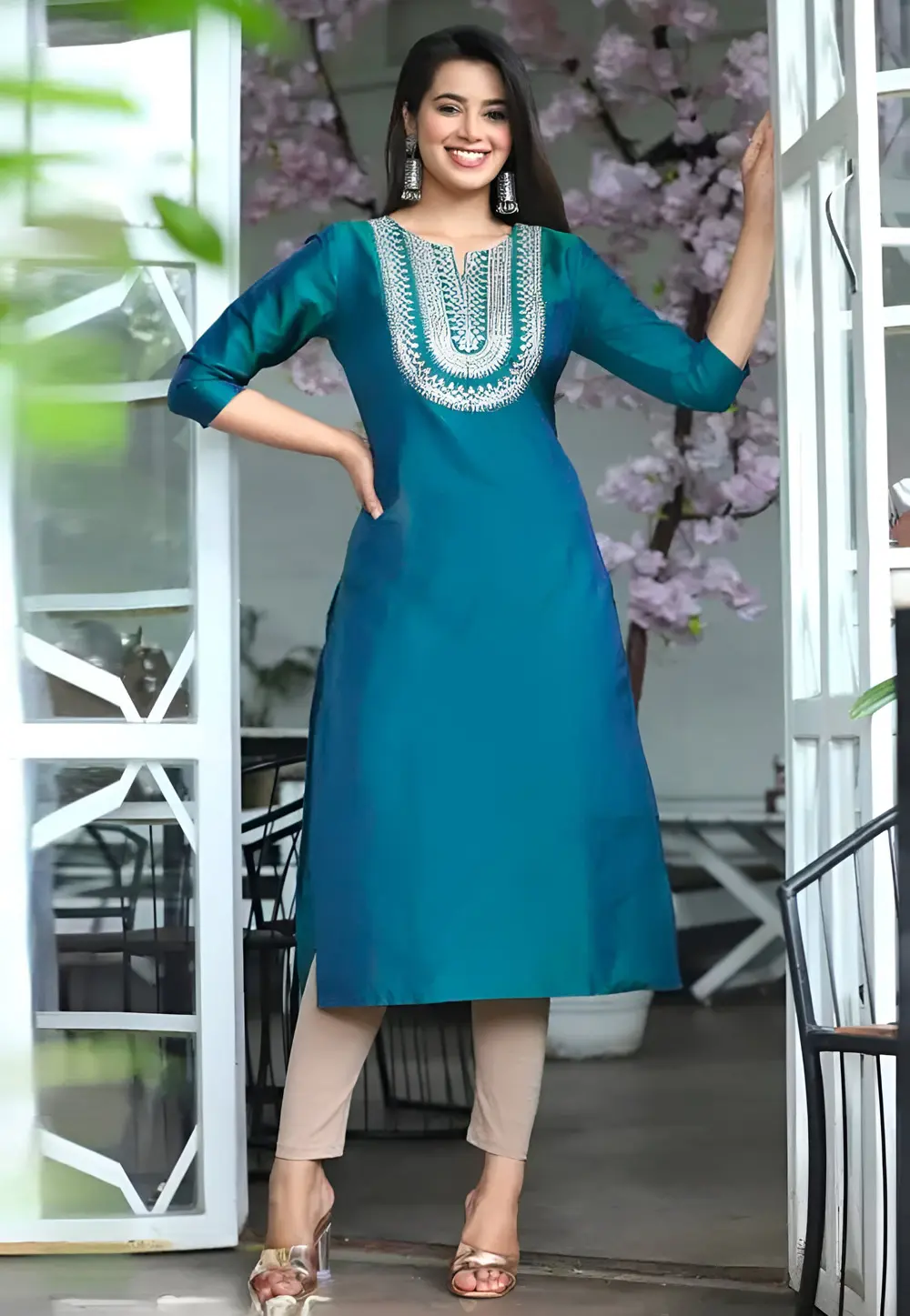 Teal Art Silk Long Tunic 301196