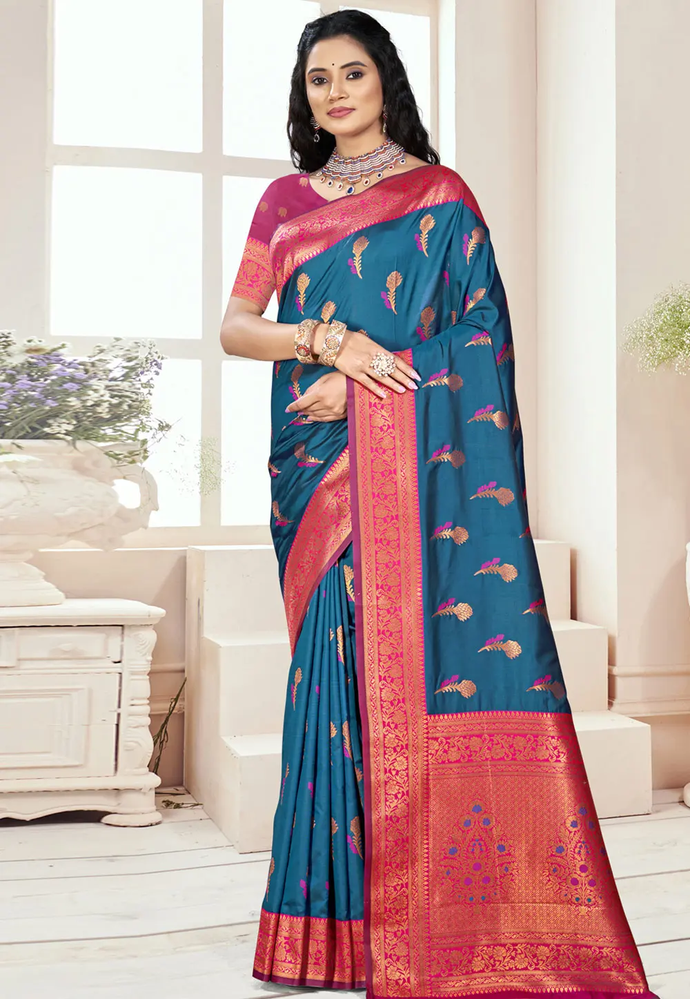 Teal Art Silk Saree With Blouse 302661