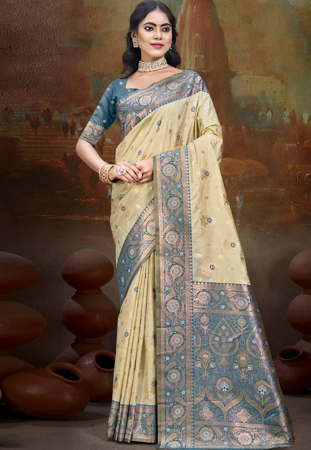 Teal Art Silk Saree With Blouse 302668