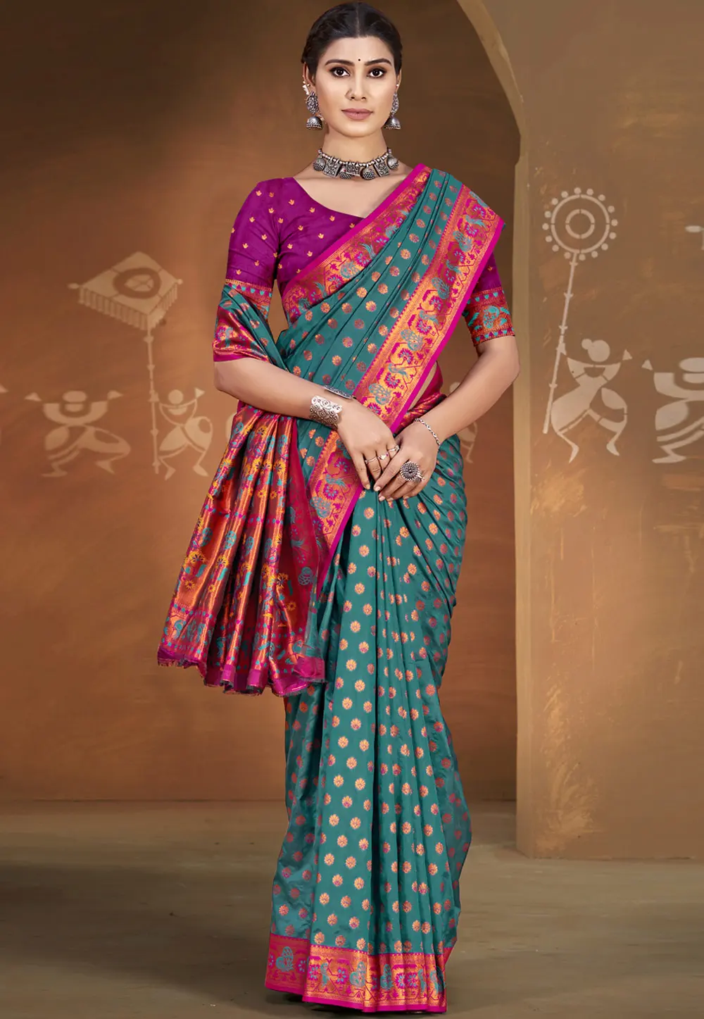 Teal Art Silk Saree With Blouse 303028