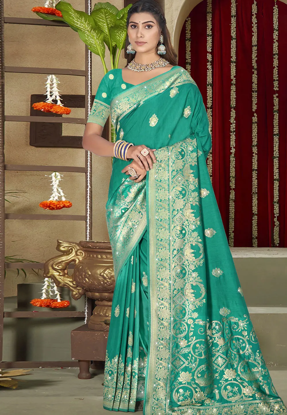 Teal Art Silk Saree With Blouse 303059