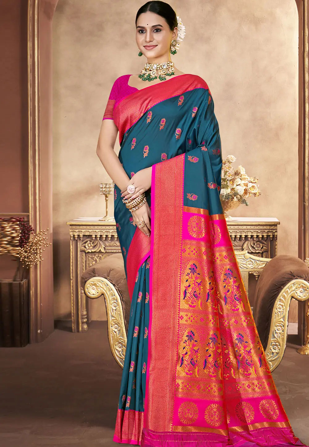 Teal Art Silk Saree With Blouse 303064