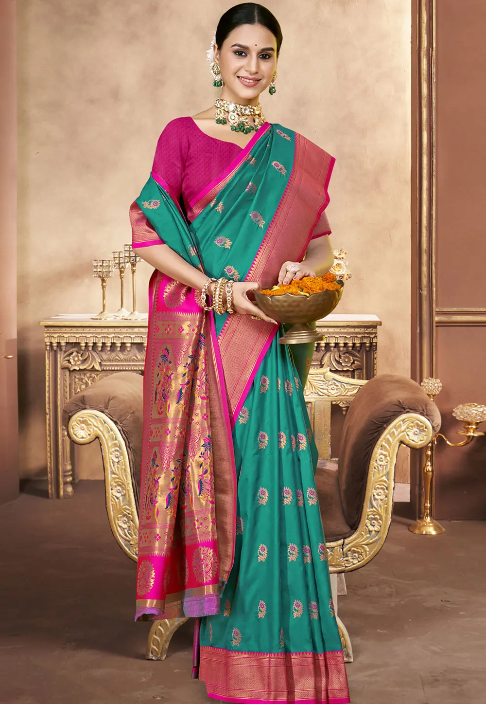 Teal Art Silk Saree With Blouse 303068