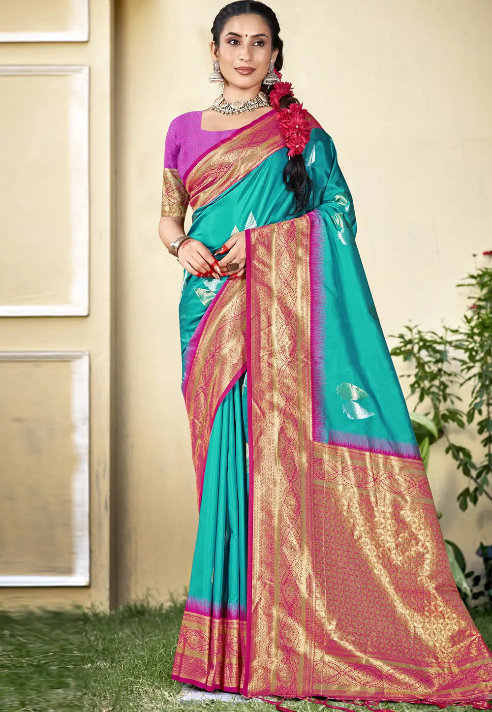 Teal Art Silk Saree With Blouse 303075