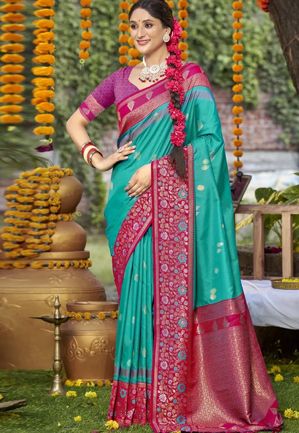 Teal Art Silk Saree With Blouse 303088