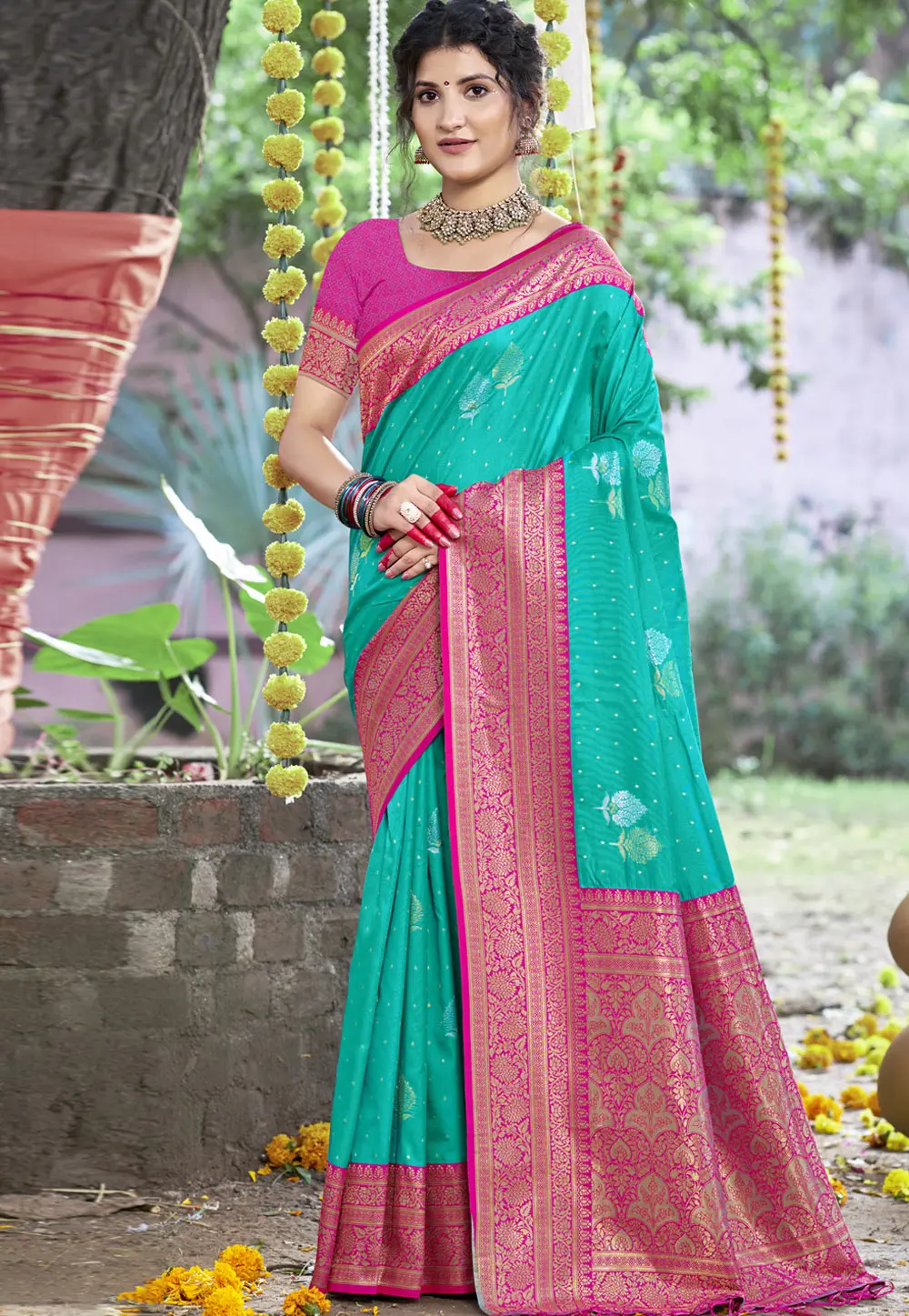 Teal Art Silk Saree With Blouse 303092